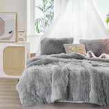 Gray Faux Fur Comforter Set King 3 Pieces - 1 Shaggy Comforter 104x90 and 2 Pillowcases