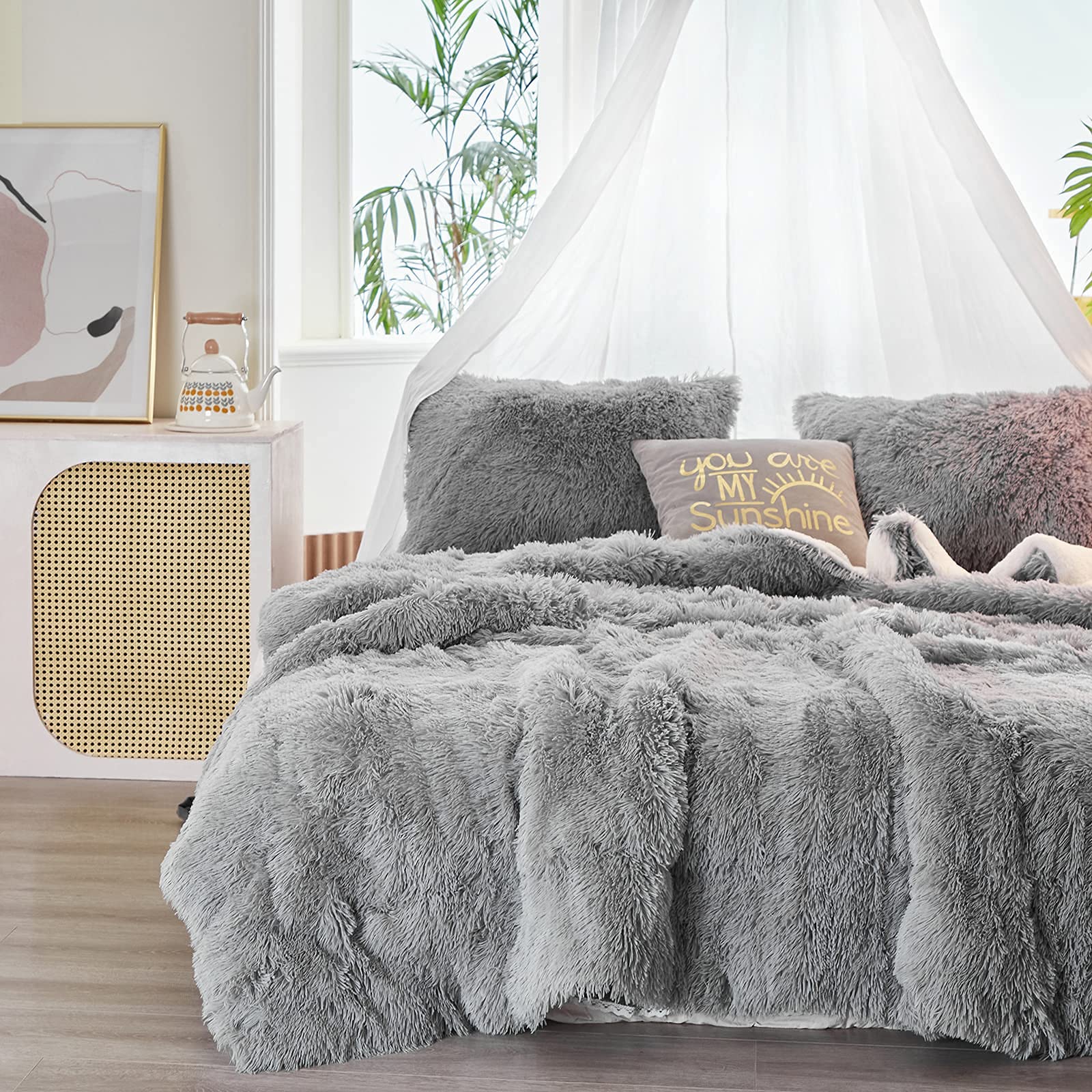 Gray Faux Fur Comforter Set King 3 Pieces - 1 Shaggy Comforter 104x90 and 2 Pillowcases