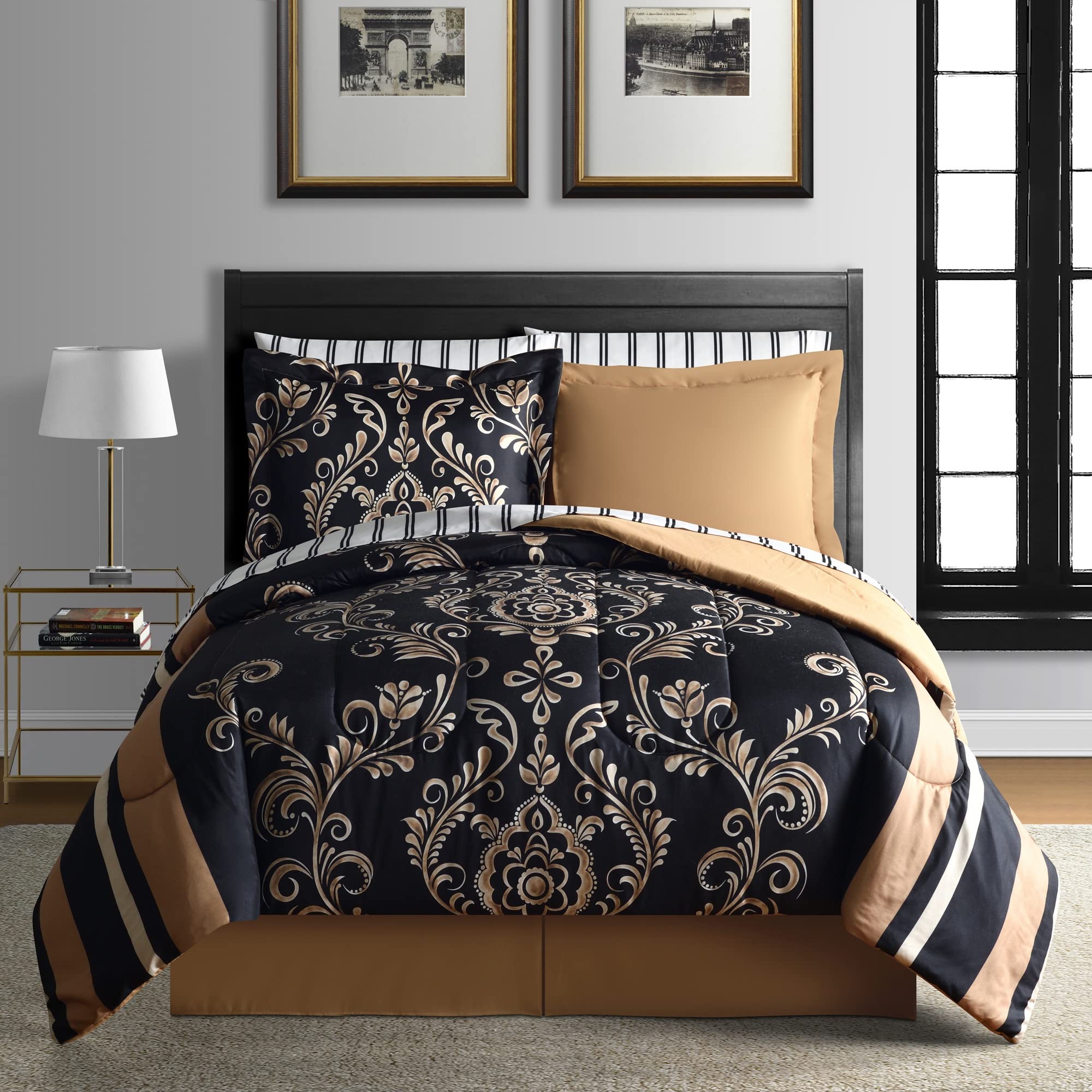 Sabrina Damask 8-Piece Bed-in-a-Bag Comforter Set - Queen, Black/Gold