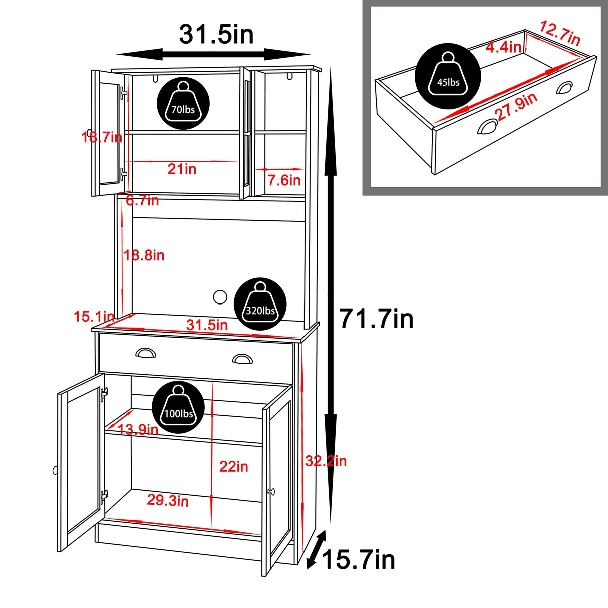 72'' Kitchen Pantry Cabinet Storage Hutch with Microwave Stand, Freestanding Pantry