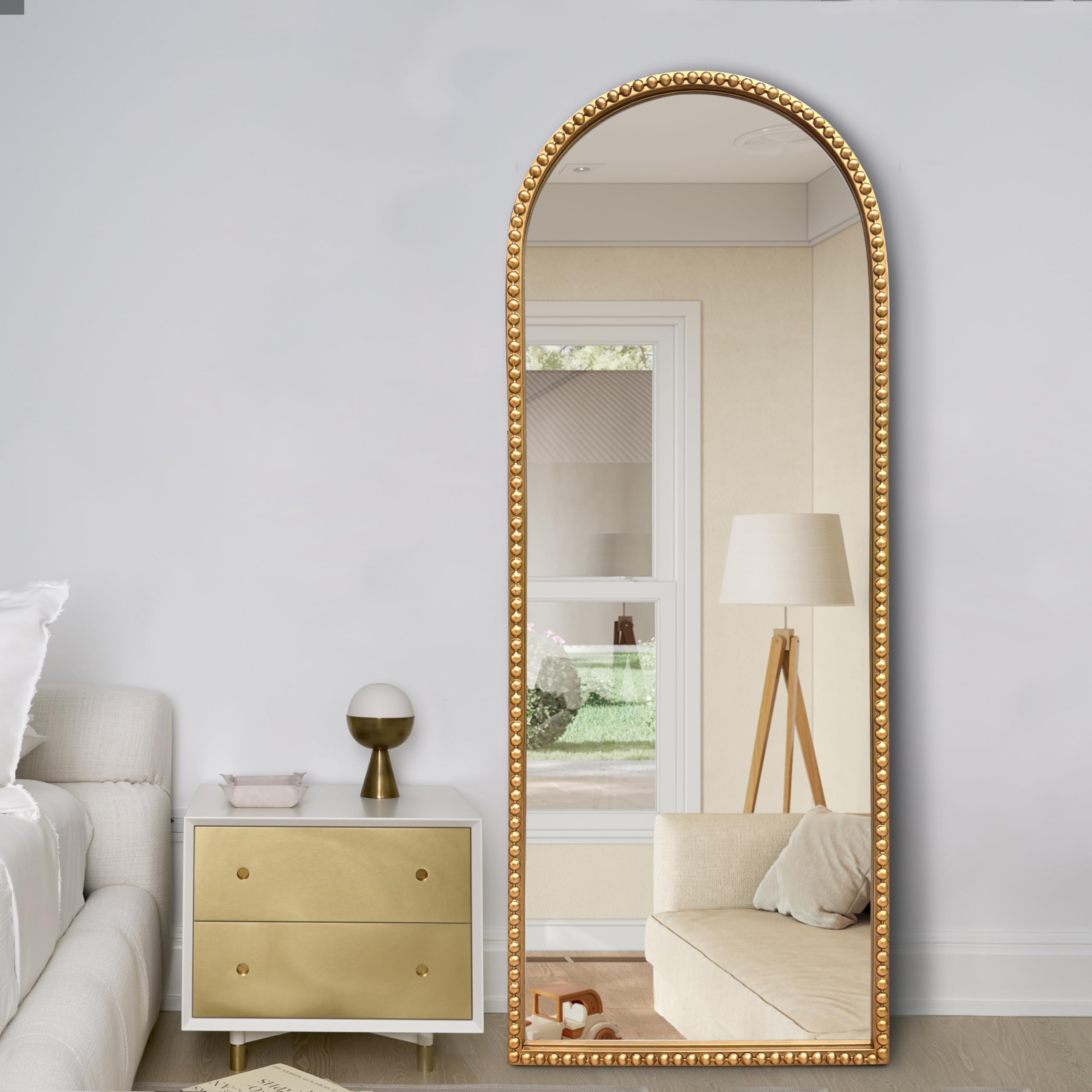 Vintage Gold Arch Floor Mirror 20"x53" - Full Length Wall Mirror with Beaded Metal Frame