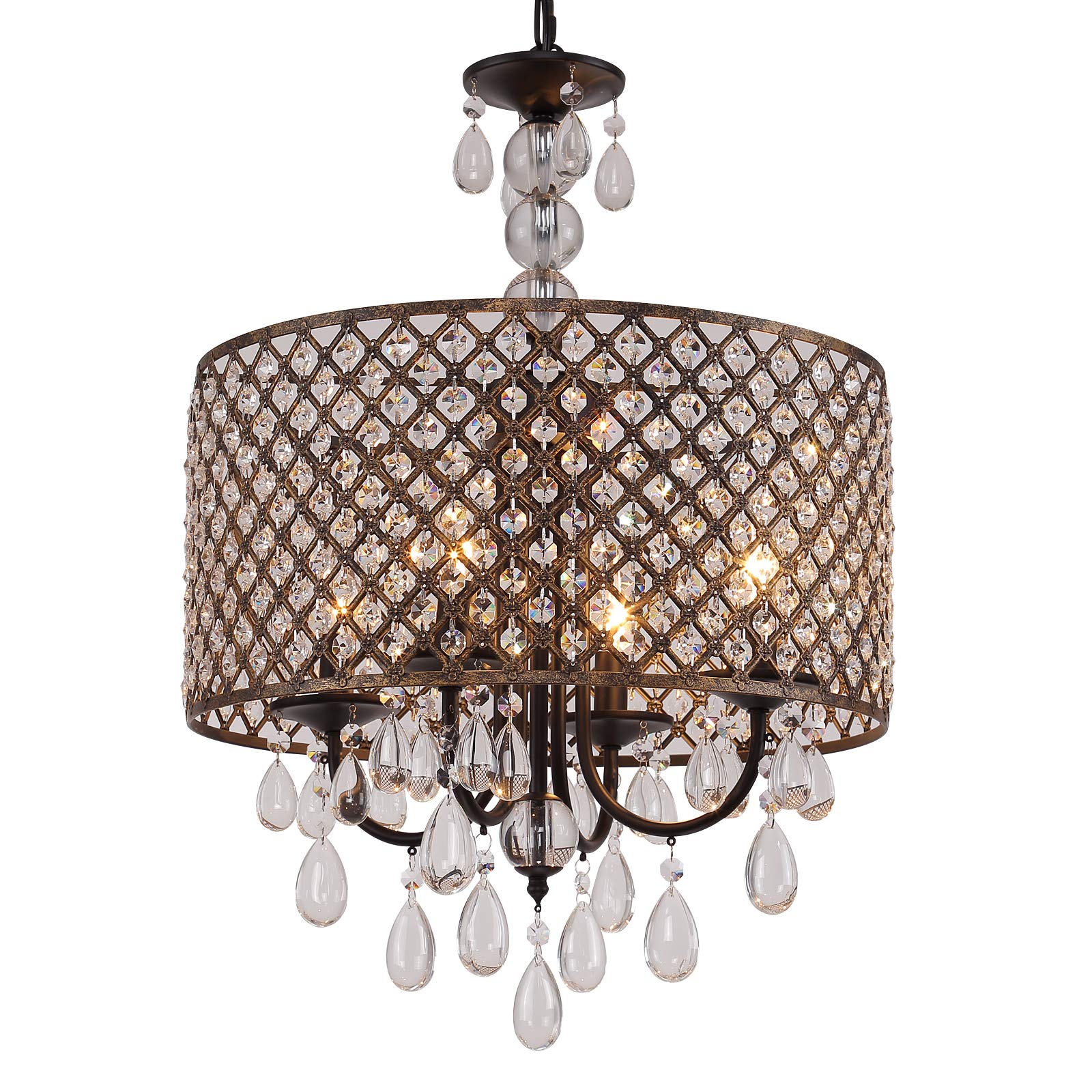 Modern Round Crystal Chandelier,Antique Beaded Drum Shade Copper Bronze 4 Lights
