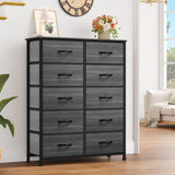 10 Drawer Dresser - Fabric Storage Tower, Organizer Unit for Living Room, Hallway, Closets - Sturdy Steel Frame, Wooden Top & Easy Pull Fabric Bins (Black Wood Grain)