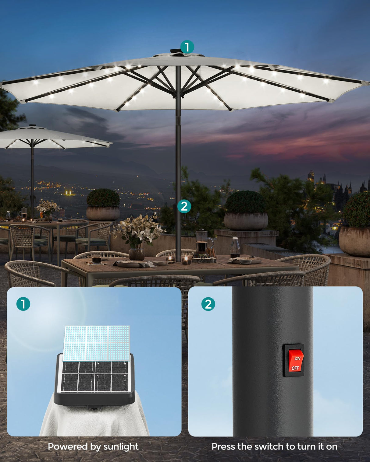 9 ft Solar Patio Umbrella, 32 LED Lights, Lighted Table Outdoor Umbrella,