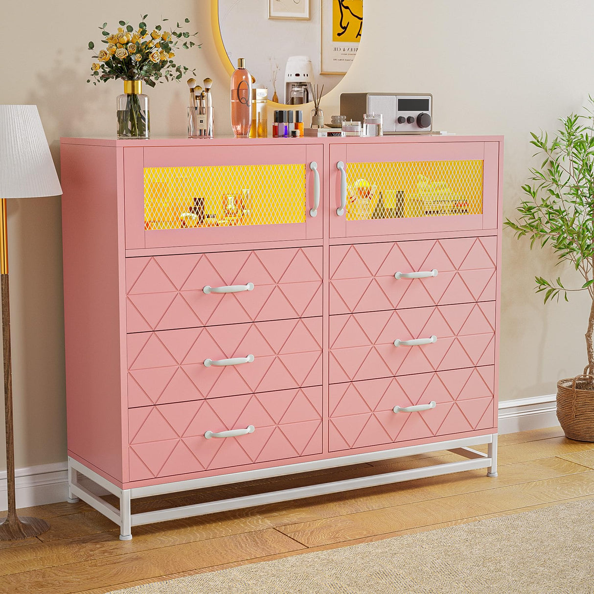 6 Drawer Dresser with 2 Doors, Dresser for Bedroom with LED Lights