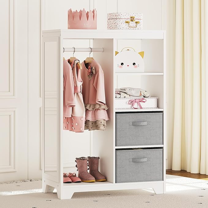 Kids Dress Up Storage with Full Length Mirror, Kids Armoire with 2 Storage Bins