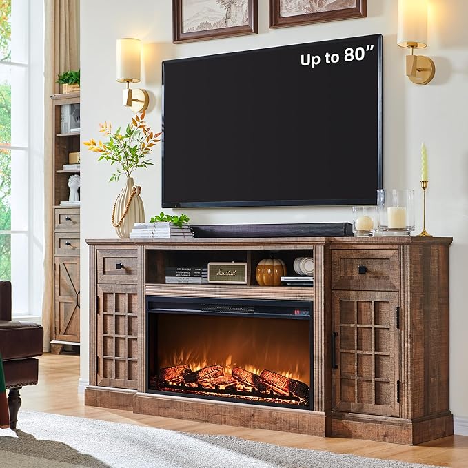 Fireplace TV Stand for up-to-80 TV, Farmhouse 70" Entertainment Center