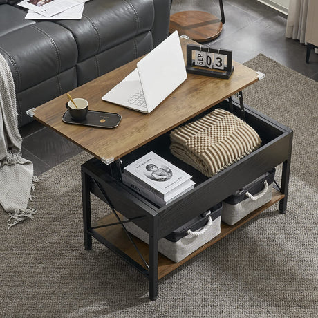 Lift Top Coffee Table with Two Free HQ Cloth Bins Storage, Farmhouse Grey Black, Small