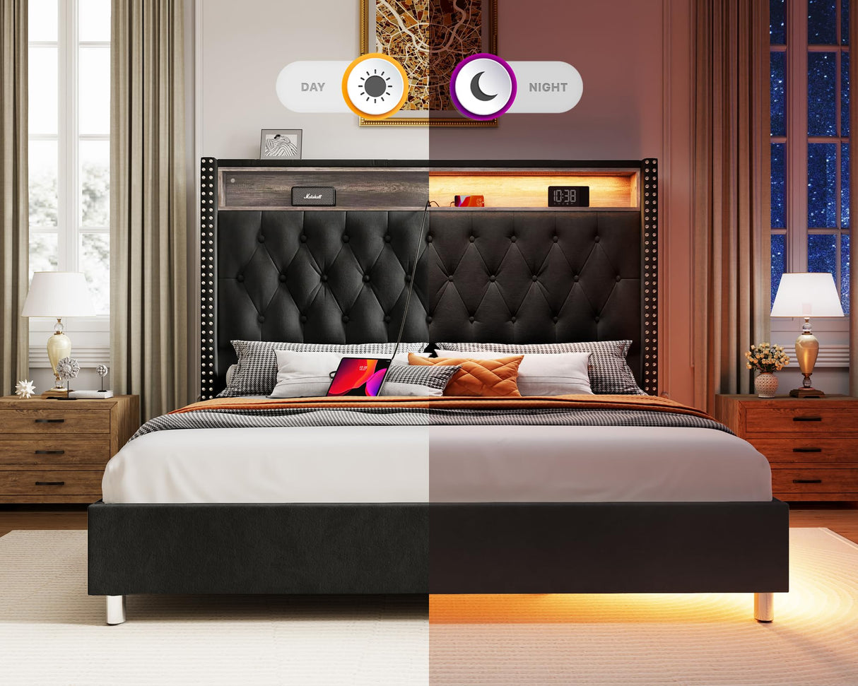 Bed Frame with LED Lights and Charging Station, Velvet Tall Upholstered Platform Bed