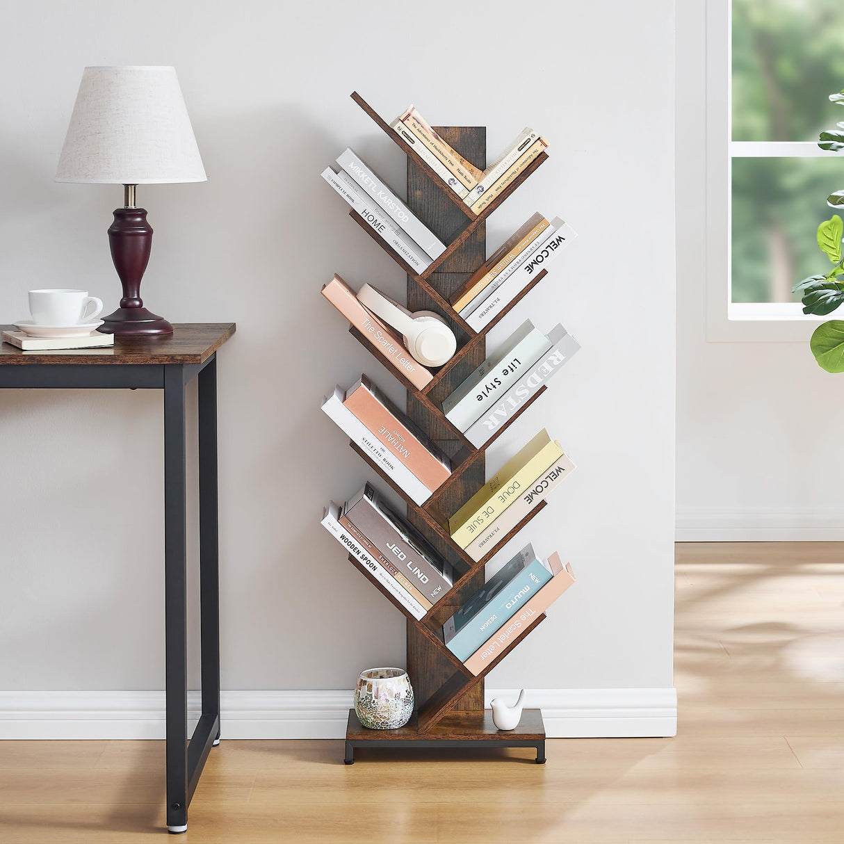 10 Shelf Tree Bookshelf, Floor Standing Wood Bookshelf for Books/Magazine/CDs/Movies, Modern Storage Rack Tree Bookcase, Utility Organizer Shelves for Narrow Space Home Office, Rustic Brown