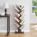 10 Shelf Tree Bookshelf, Floor Standing Wood Bookshelf for Books/Magazine/CDs/Movies, Modern Storage Rack Tree Bookcase, Utility Organizer Shelves for Narrow Space Home Office, Rustic Brown