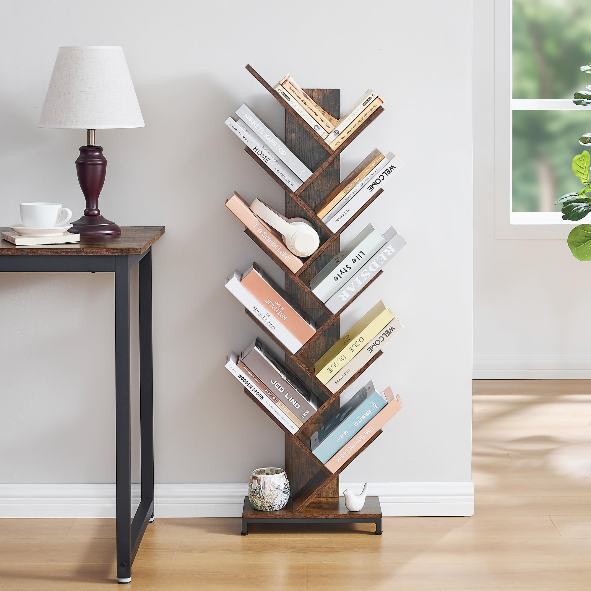 10 Shelf Tree Bookshelf, Floor Standing Wood Bookshelf for Books/Magazine/CDs/Movies, Modern Storage Rack Tree Bookcase, Utility Organizer Shelves for Narrow Space Home Office, Rustic Brown