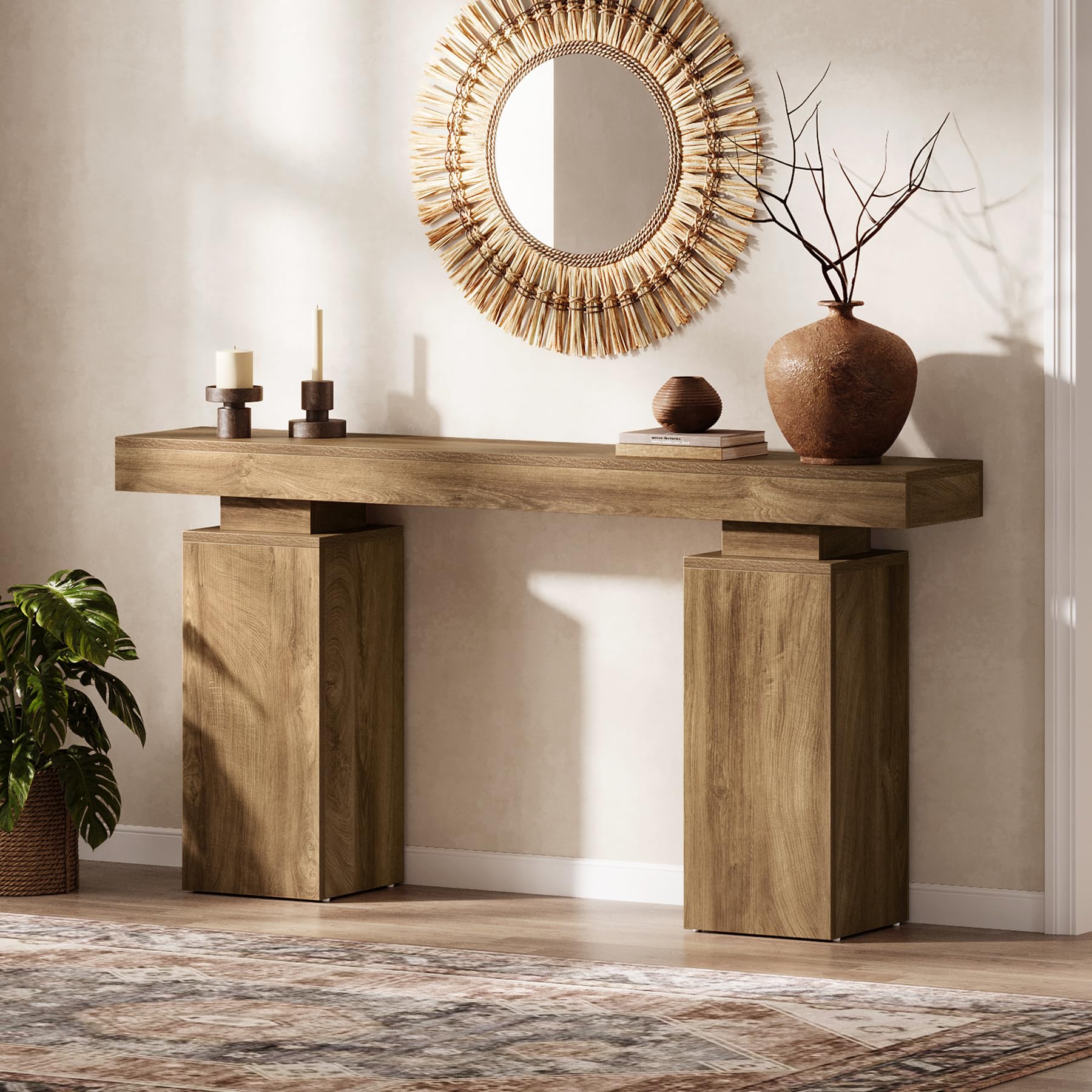 63-Inch Farmhouse Console Table - Natural Wood Finish