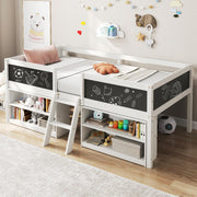Wooden Loft Bed with Ladder & Blackboard, Twin Bed Frames for Kids with Storage 2