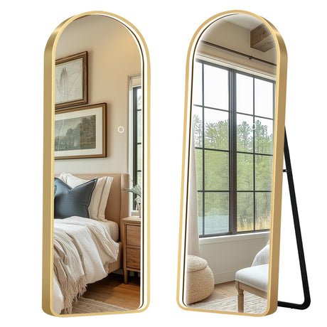 sogesfurniture Full Length Mirror with LED Lights, 64"x20"Floor Mirror with Stand Wall Mounted Hanging Mirror with Lights Free Standing Floor Mirror for Bedroom,Dressing Room, Arched&Glod