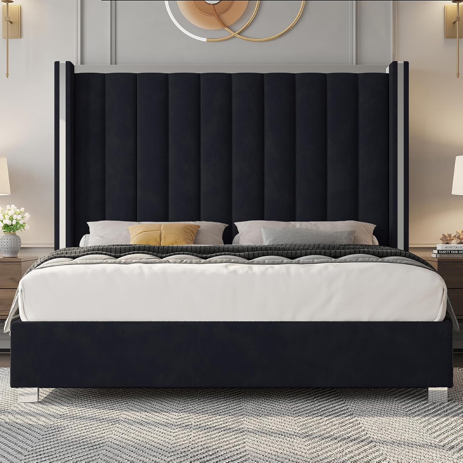 King Velvet Platform Bed with 58" Tufted Wingback Headboard
