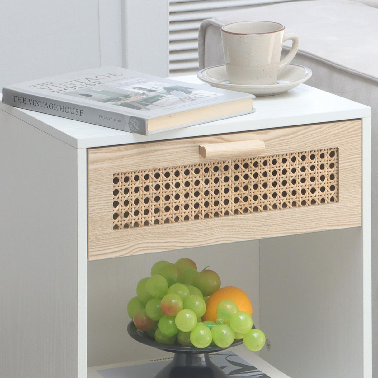 White Rattan Nightstand, Modern Nightstand with Rattan Drawer