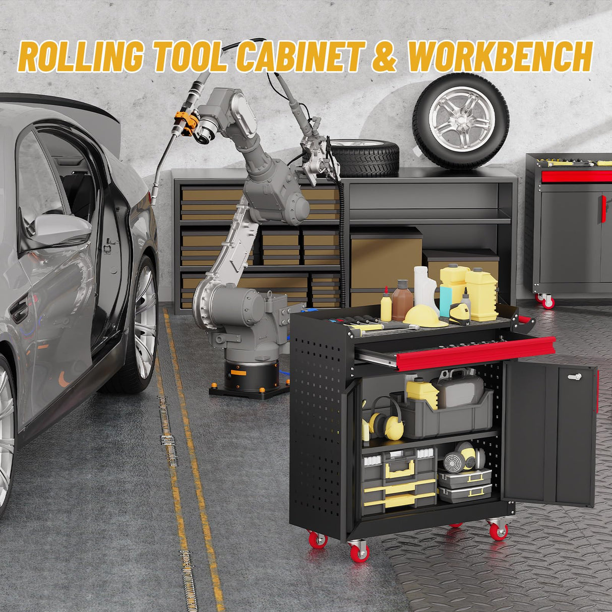 Rolling Garage Cabinets, Garage Storage Cabinet with Wheels and Workbench