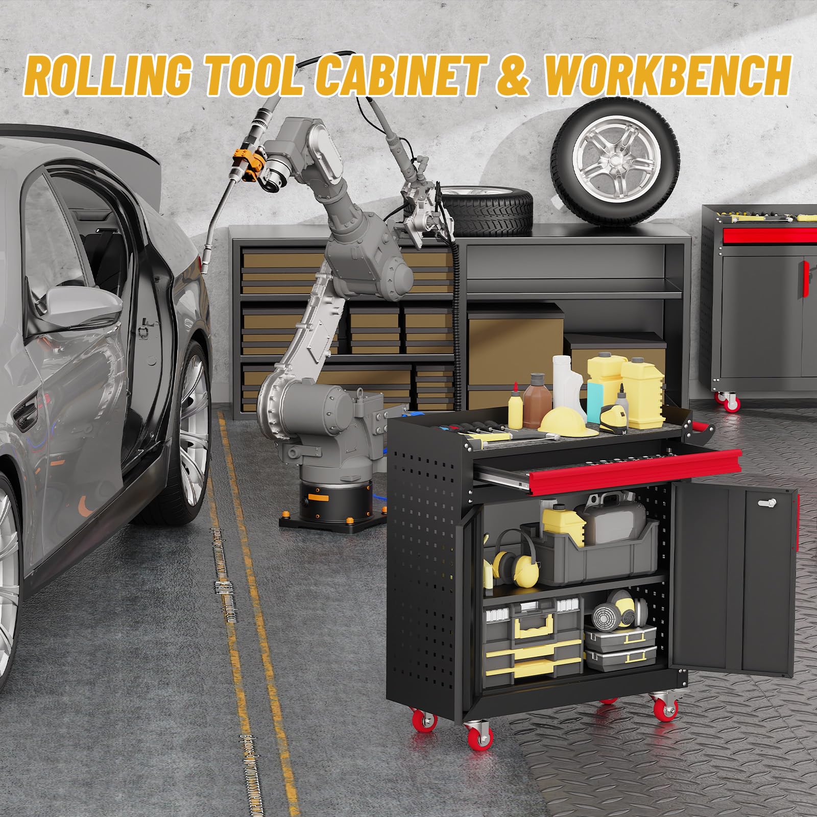 Rolling Garage Cabinets, Garage Storage Cabinet with Wheels and Workbench