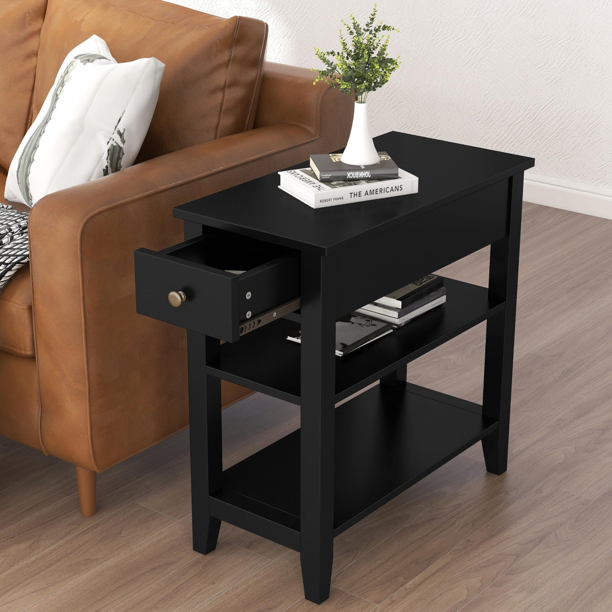 Side Table Living Room, Narrow End Table with Drawer and Shelf, 3-Tier Sofa End Table