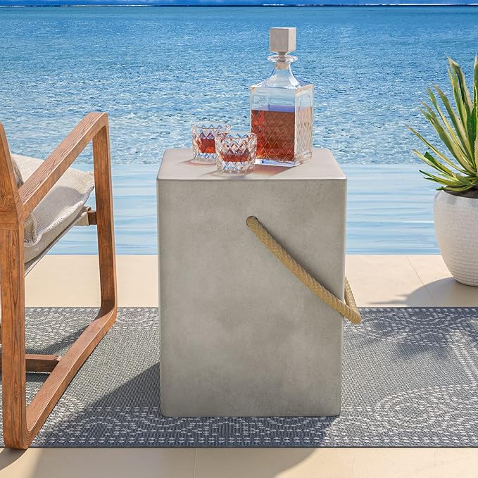 Outdoor Shaped Side Table with Concrete Top & Hemp Rope Handles, 17'' Patio Accent Table