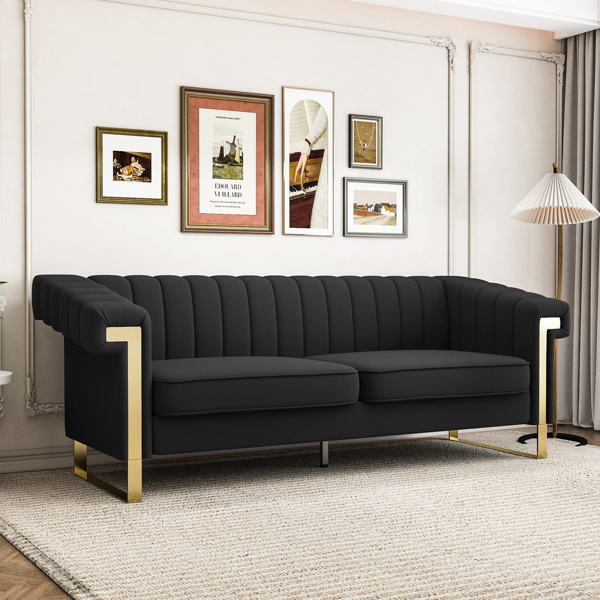 83'' Faux Leather Couch 3 Seater Sofa with Gold Metal Legs Comfy