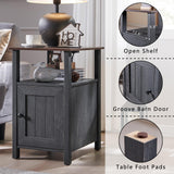 Farmhouse Nightstand Set of 2, End Table with Charging Station, Rustic Side Table