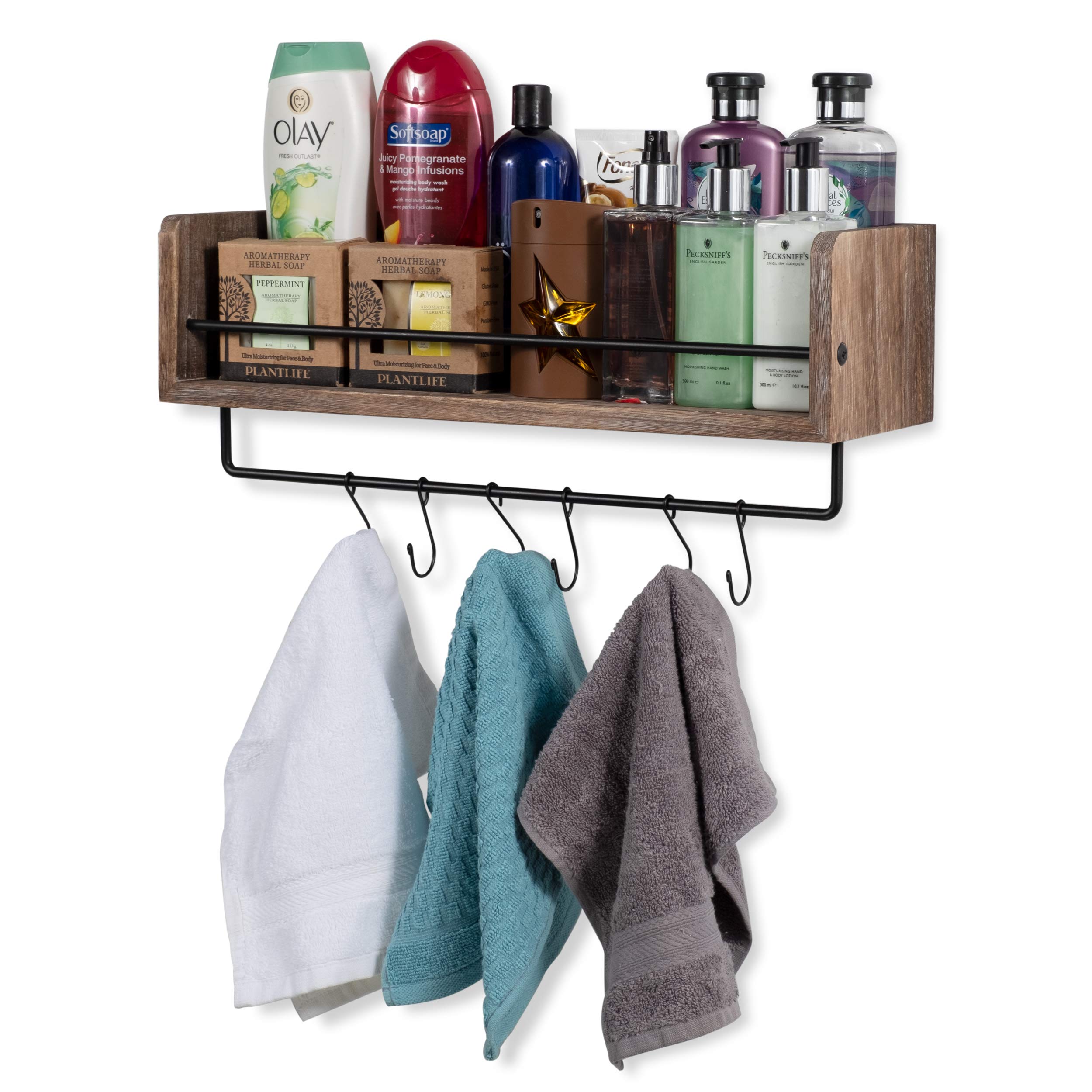 William Wall Mount Floating Shelf with Rail and Hooks | Farmhouse Design 20 Inch Torched
