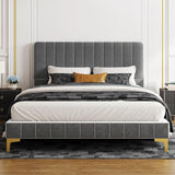 Twin Bed Frames, Modern Velvet Upholstered Platform Bed with Headboard, Soft Rounded