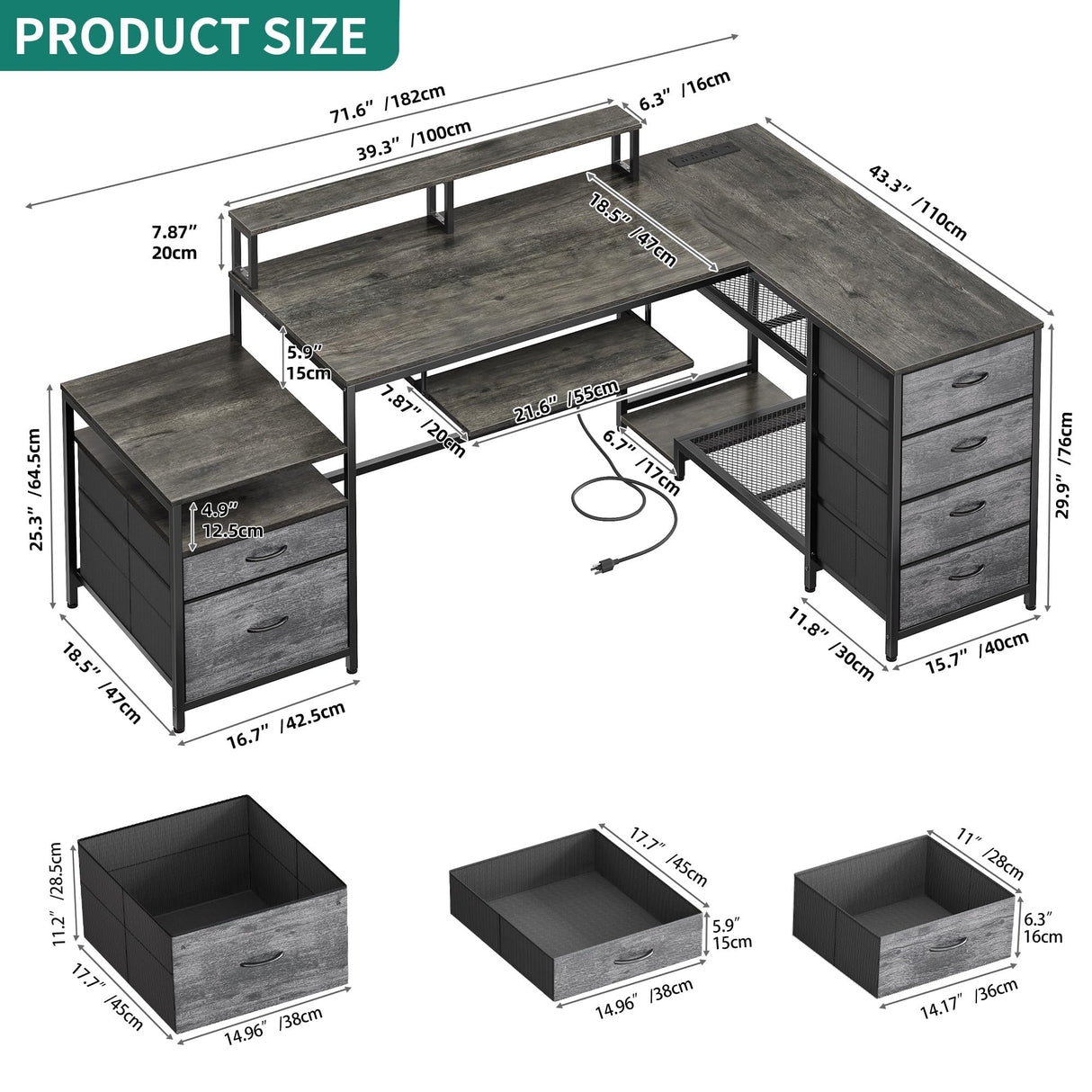 L Shaped Desk with Drawers, 71" Computer Desk with Power Outlet &