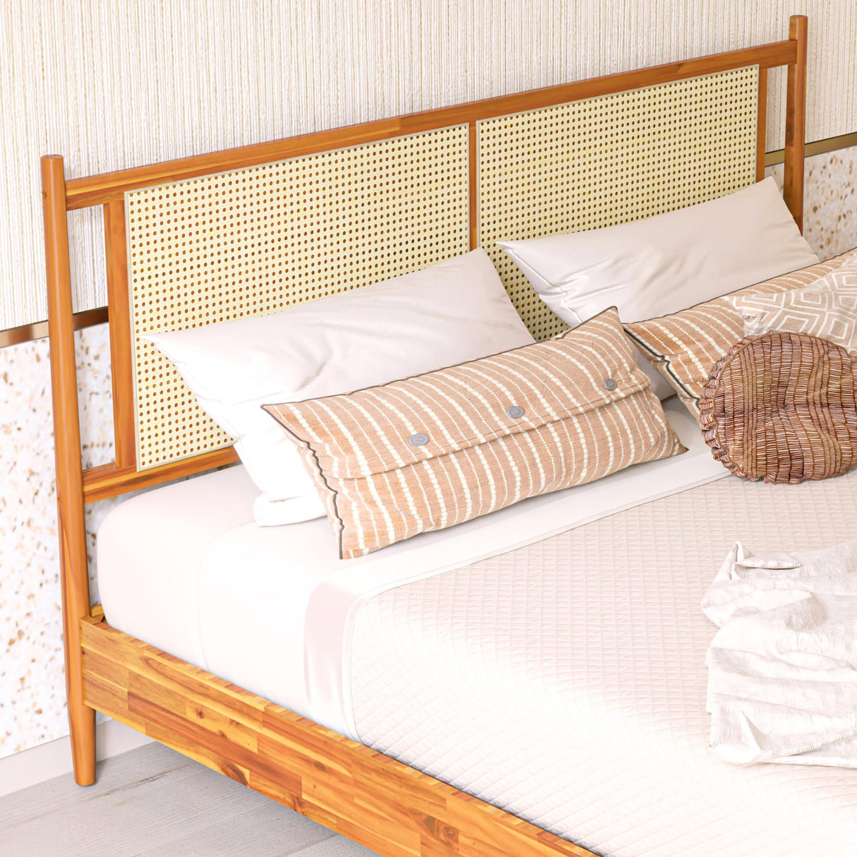 Oliver King Bed Frame and Headboard - 15-Inch Signature Design with Rattan Headboard,