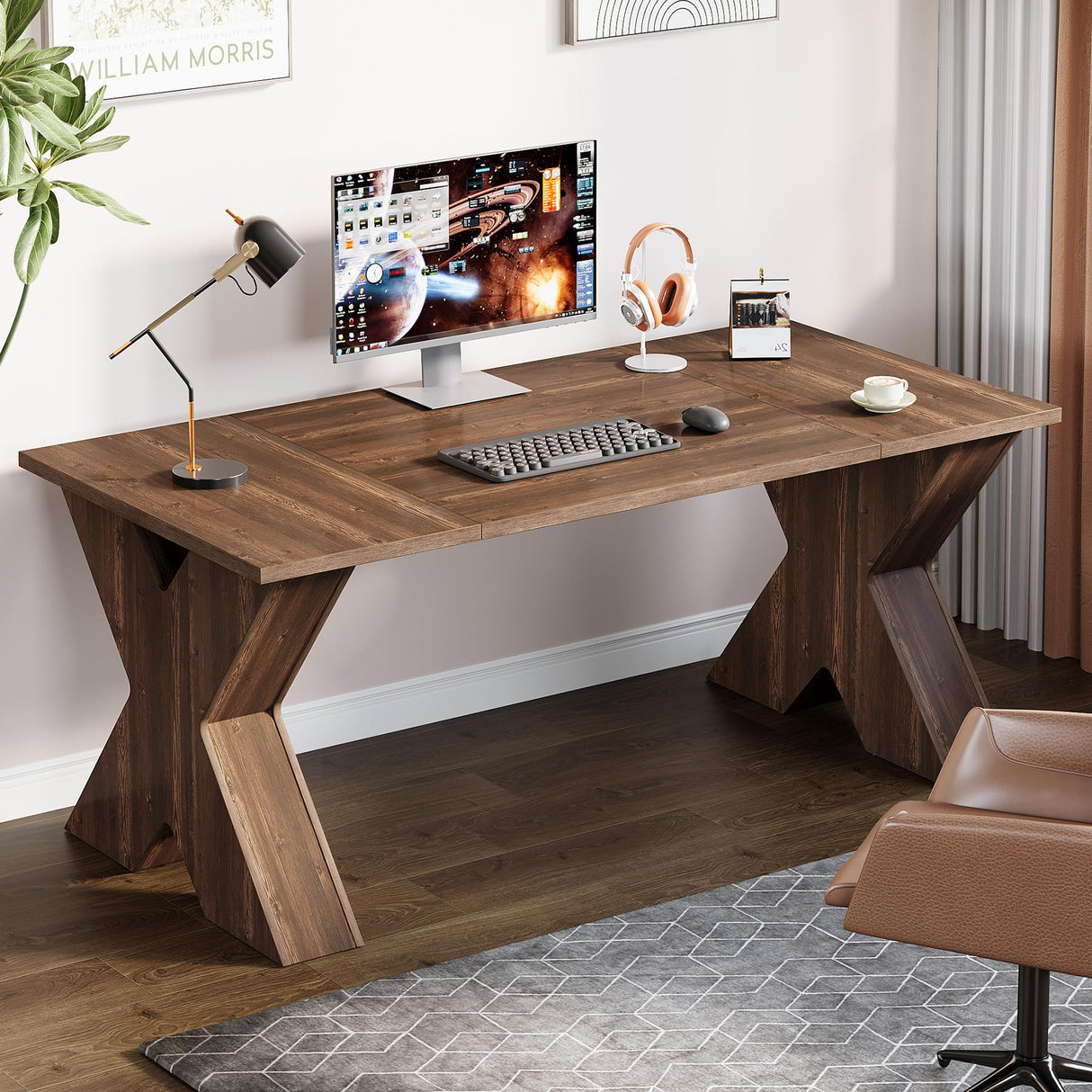 63" Executive Desk, Large Office Computer Desk with X-Shaped Thickend Wood Pedestal