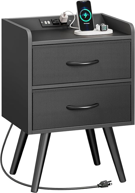 Night Stand with Charger Station, Nightstand with Drawers, Bedside Table