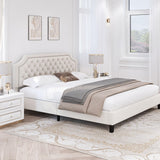 King Size Bed Frame with Adjustable Headboard, Beige Linen Upholstered Platform Bed
