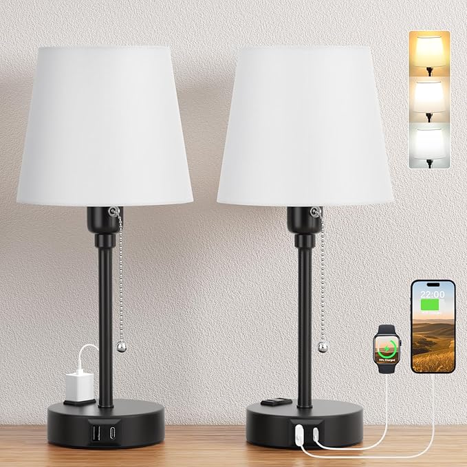 Grey Bedside Lamps for Bedrooms Set of 2 - Table Nightstand Lamp