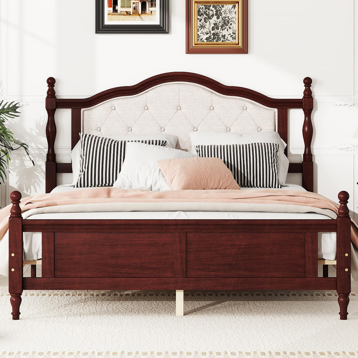 Queen Pine Wooden Bed with Upholstered Headboard - Classic Cherry