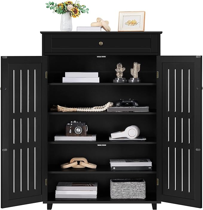 Storage Cabinet Floor Storage Organizer Wooden Cabinet with Drawer 2 Doors for Entryway