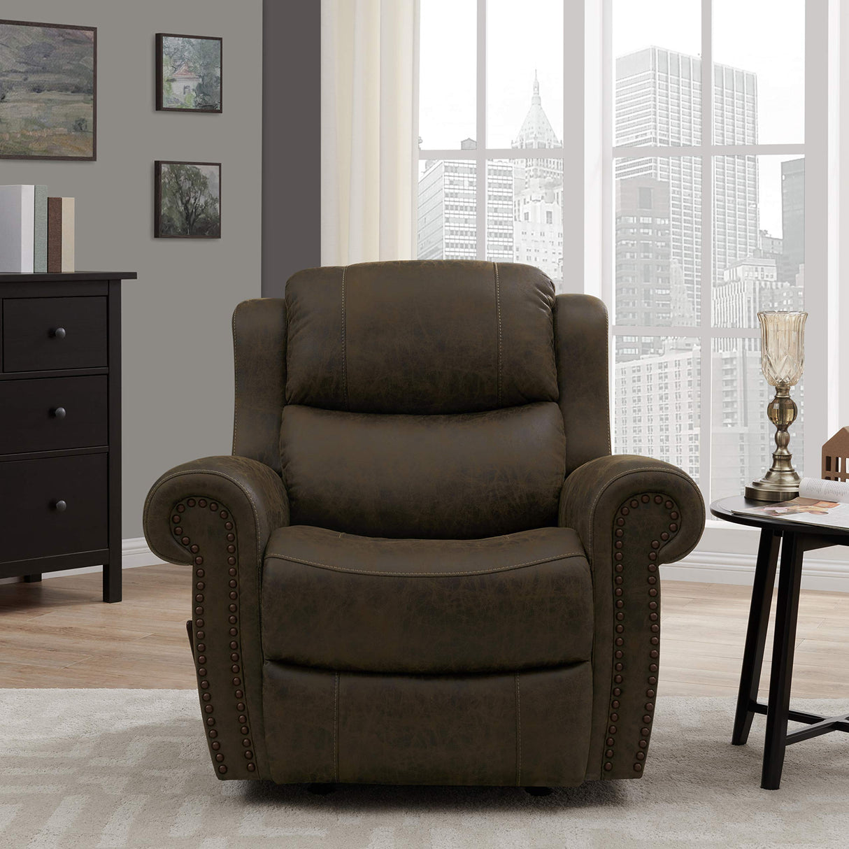 Rocker - Faux Leather Rolled Arm Recliner Chair, Distressed Saddle Brown