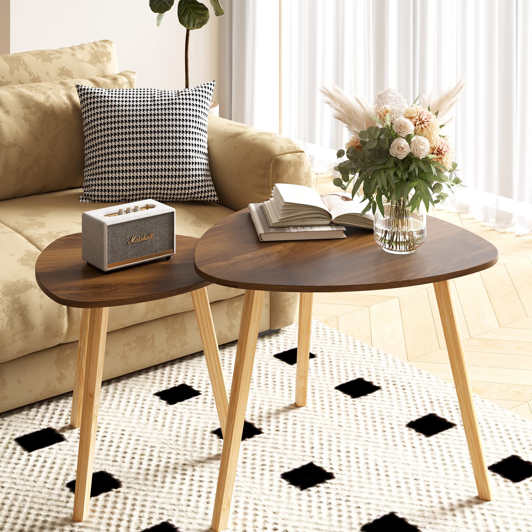 Bamboo Nesting Triangle End Table,Set of 2 Coffee Table Modern Minimalist Side