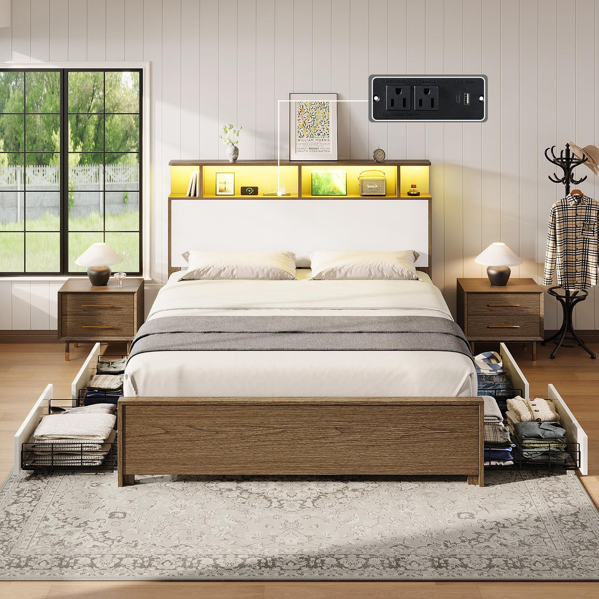 Bookcase Headboard and LED Light, Rustic Platform Bed with Charging Station