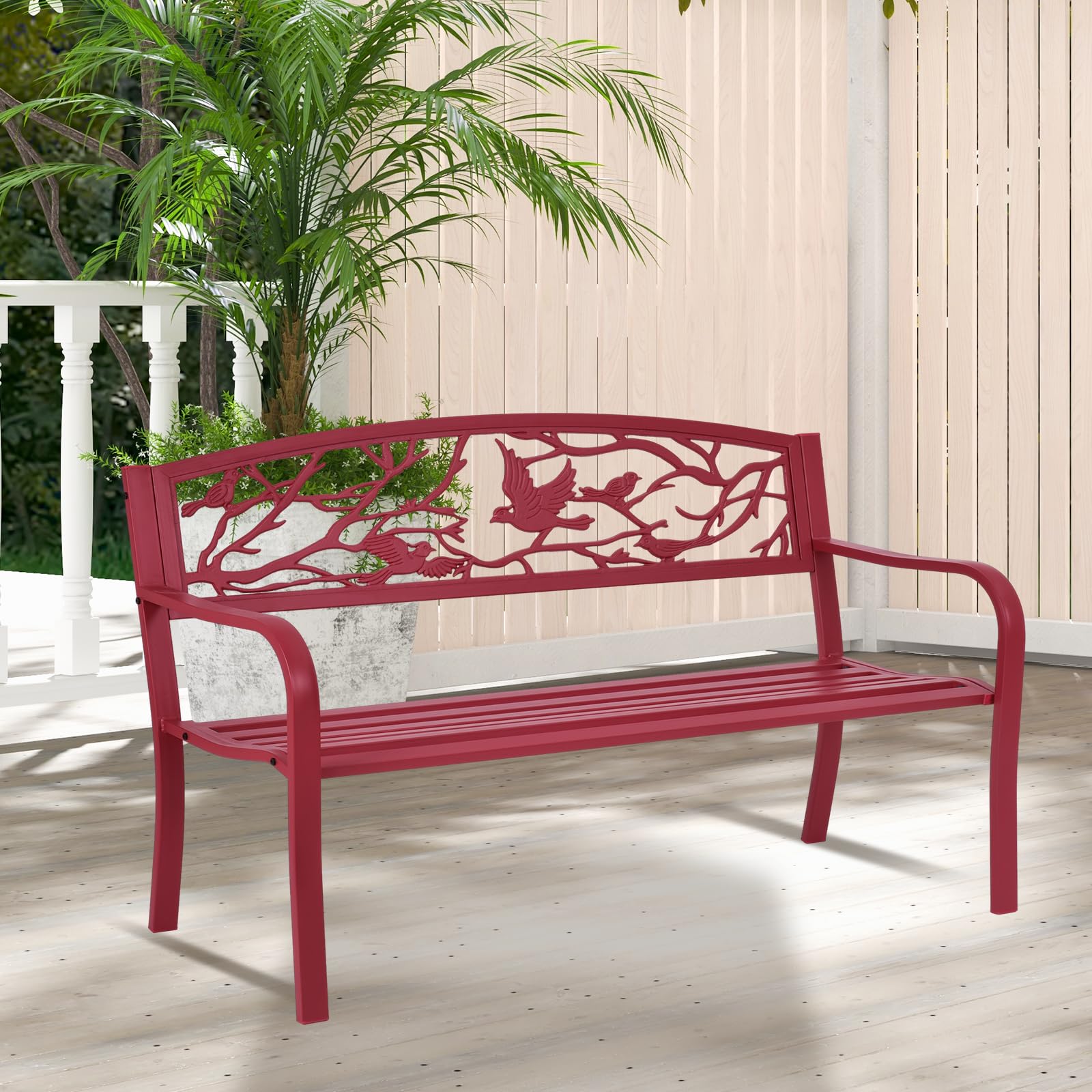 50”Outdoor Bench with Cast Iron Backrest & Ergonomic Armrest