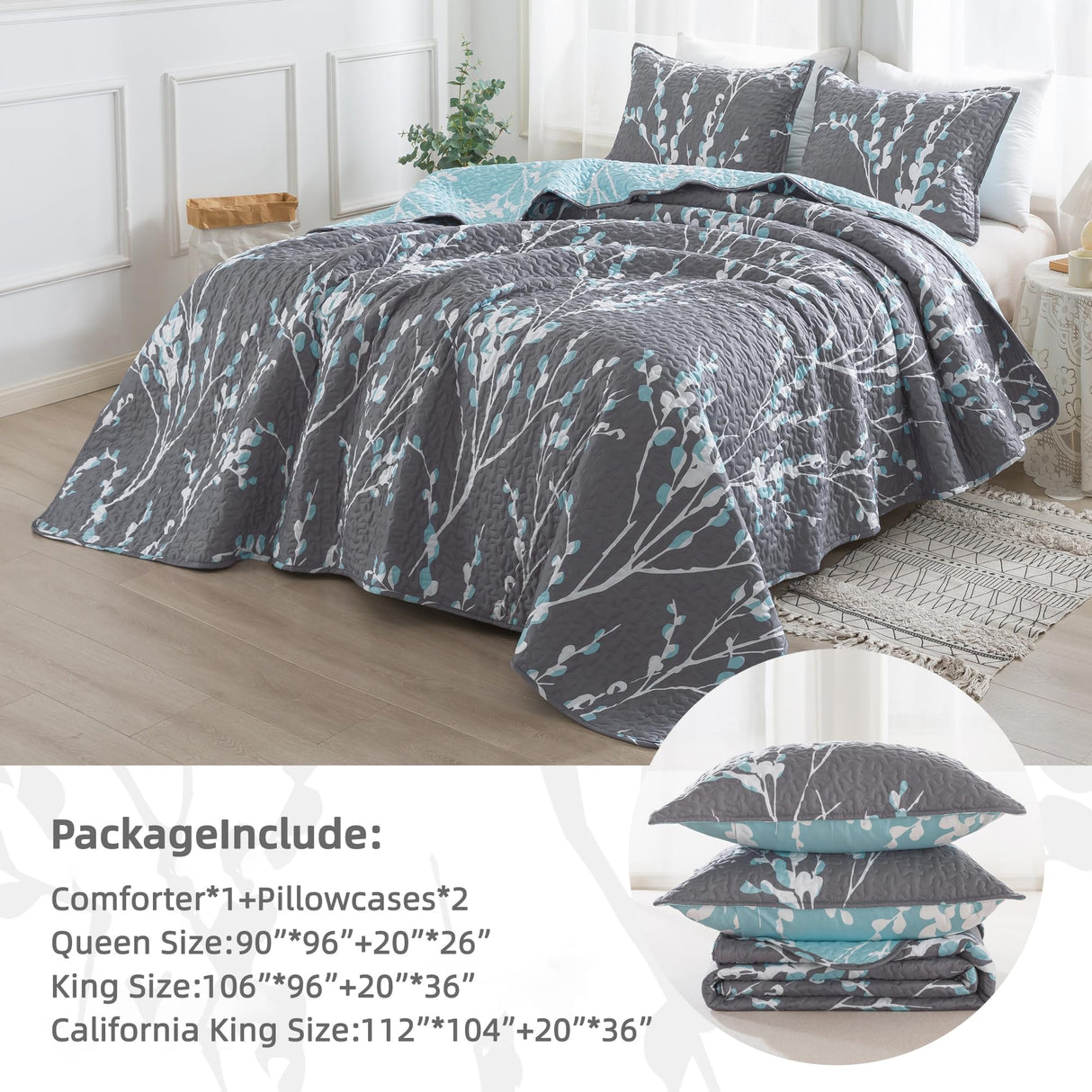 Summer Quilt Sets Queen Grey Blue (96x90 Inch), 3 Pieces Floral Lightweight