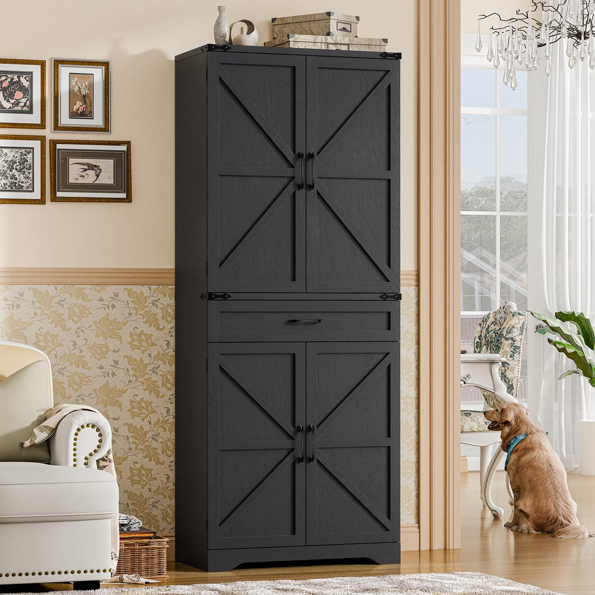 72" Tall Farmhouse Kitchen Pantry, Farmhouse Storage Cabinet with Adjustable Shelves, Large Capacity Storage Cabinet with Drawer,Freestanding Cupboard for Kitchen, Dining Room, Living Room, Black