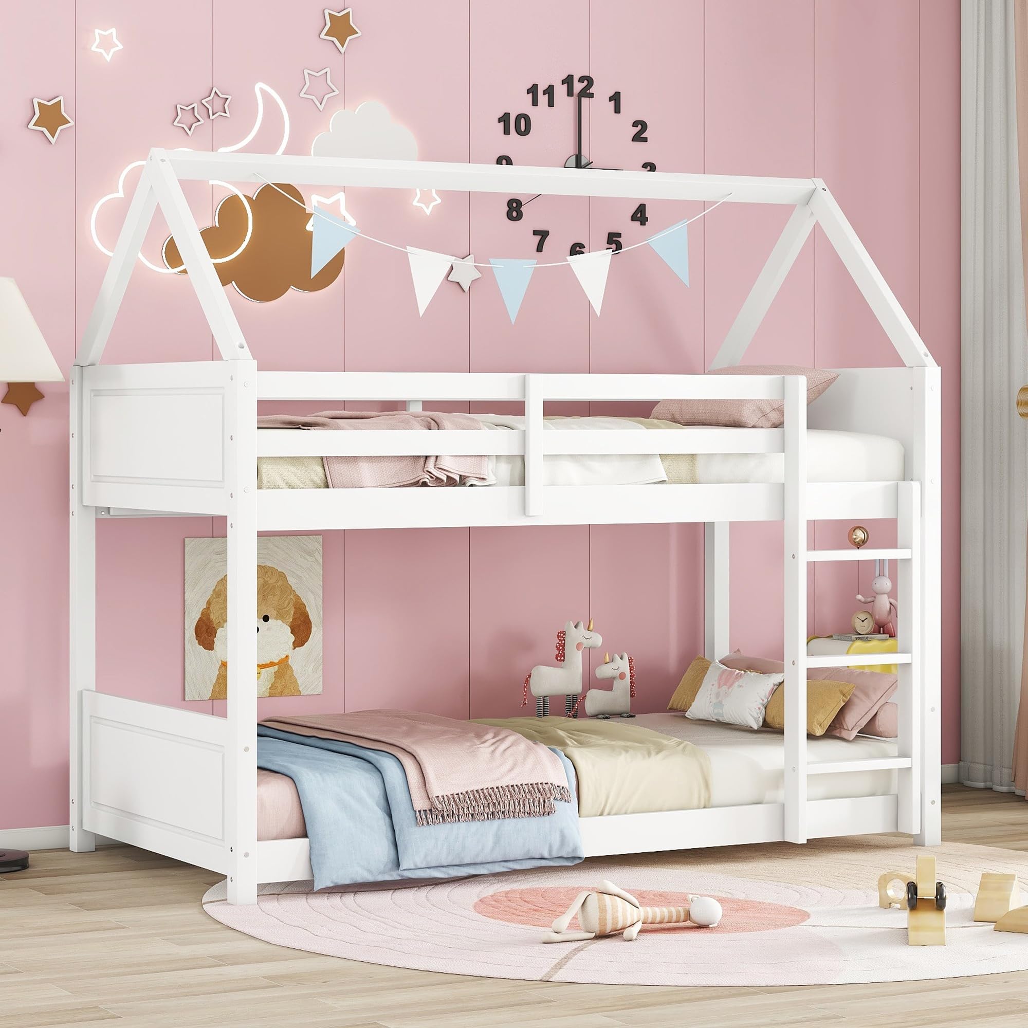 Twin Over Twin House Floor Bunk Bed, Wooden Bunk Bed with Headboards, Footboards, Guardrails and Ladder, Space-Saving Design, Safety Guaranteed, White