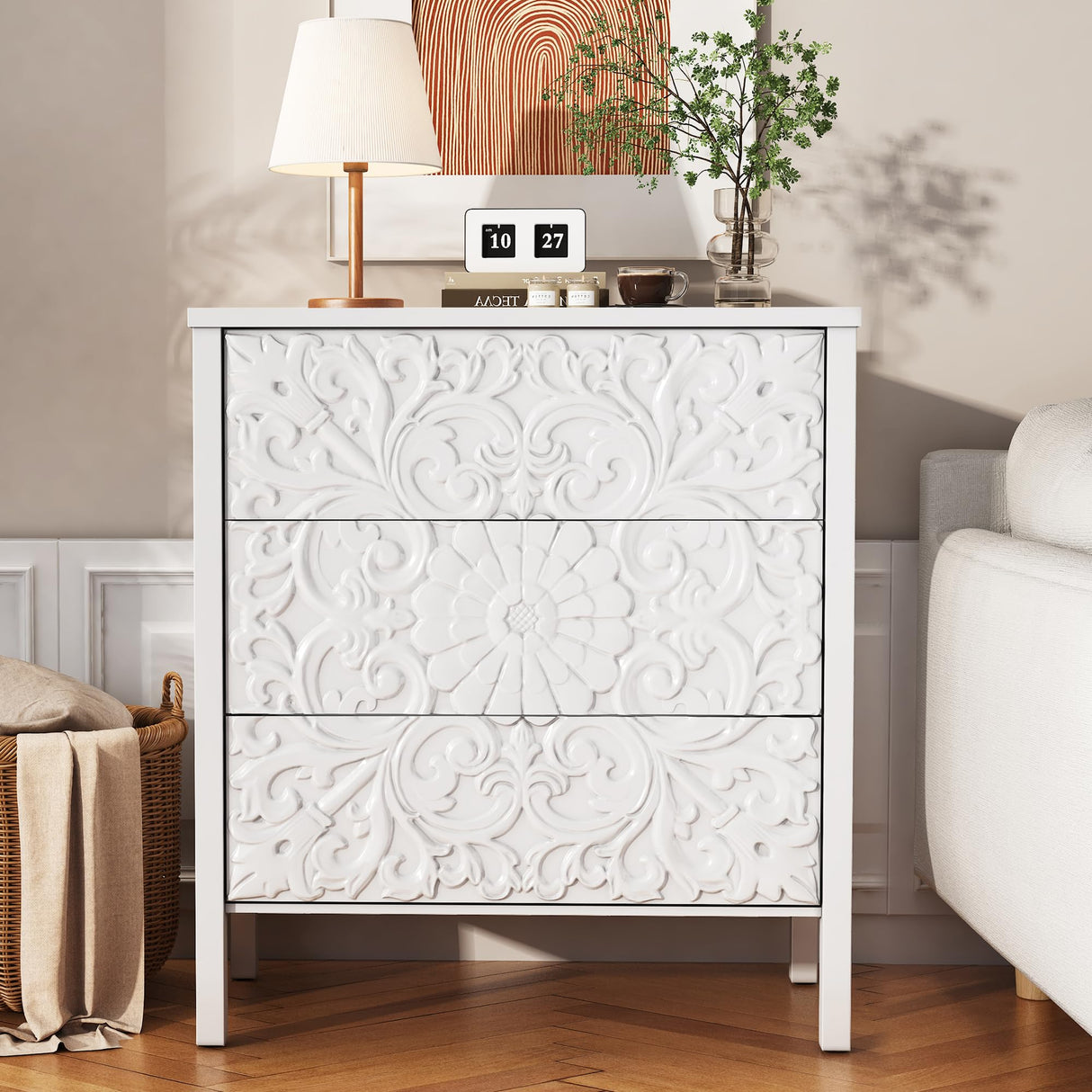 3-Drawer Dresser Chest, Modern Wooden Flower Motif Dresser with Wide Storage Space