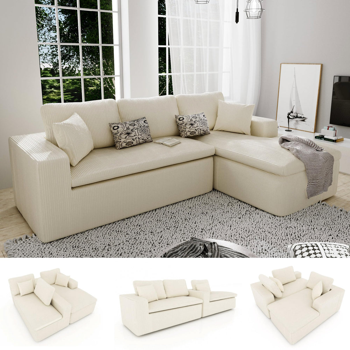 L Shaped Sofa with Deep Seat, 101" Cloud Sectional Couch with Chaise, Cozy Modular Couches Sleeper, Oversized Corduroy Sofa for Living Room Bedroom Apartment, Beige