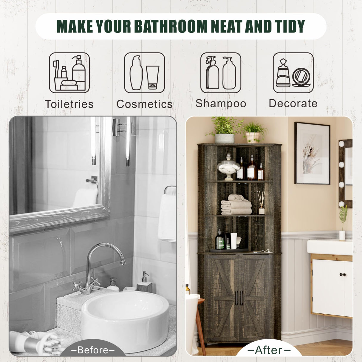Farmhouse Corner Cabinet with LED Light, 67" Tall Bathroom Cabinet with 2 Doors and 3