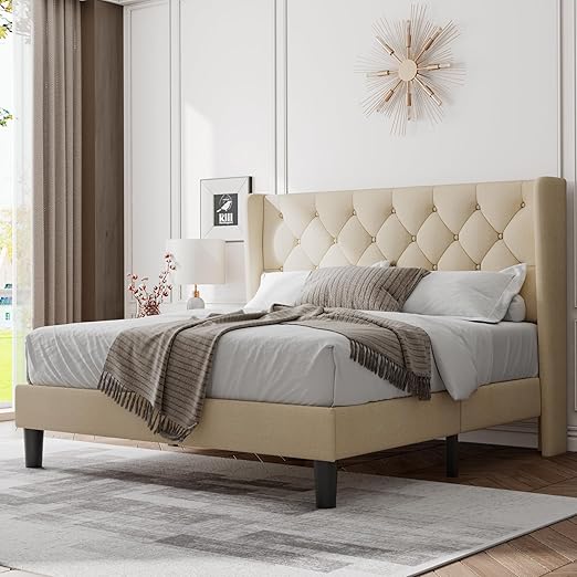 King Size Bed Frame with Wingback, Upholstered Platform Bed with Diamond Tufted