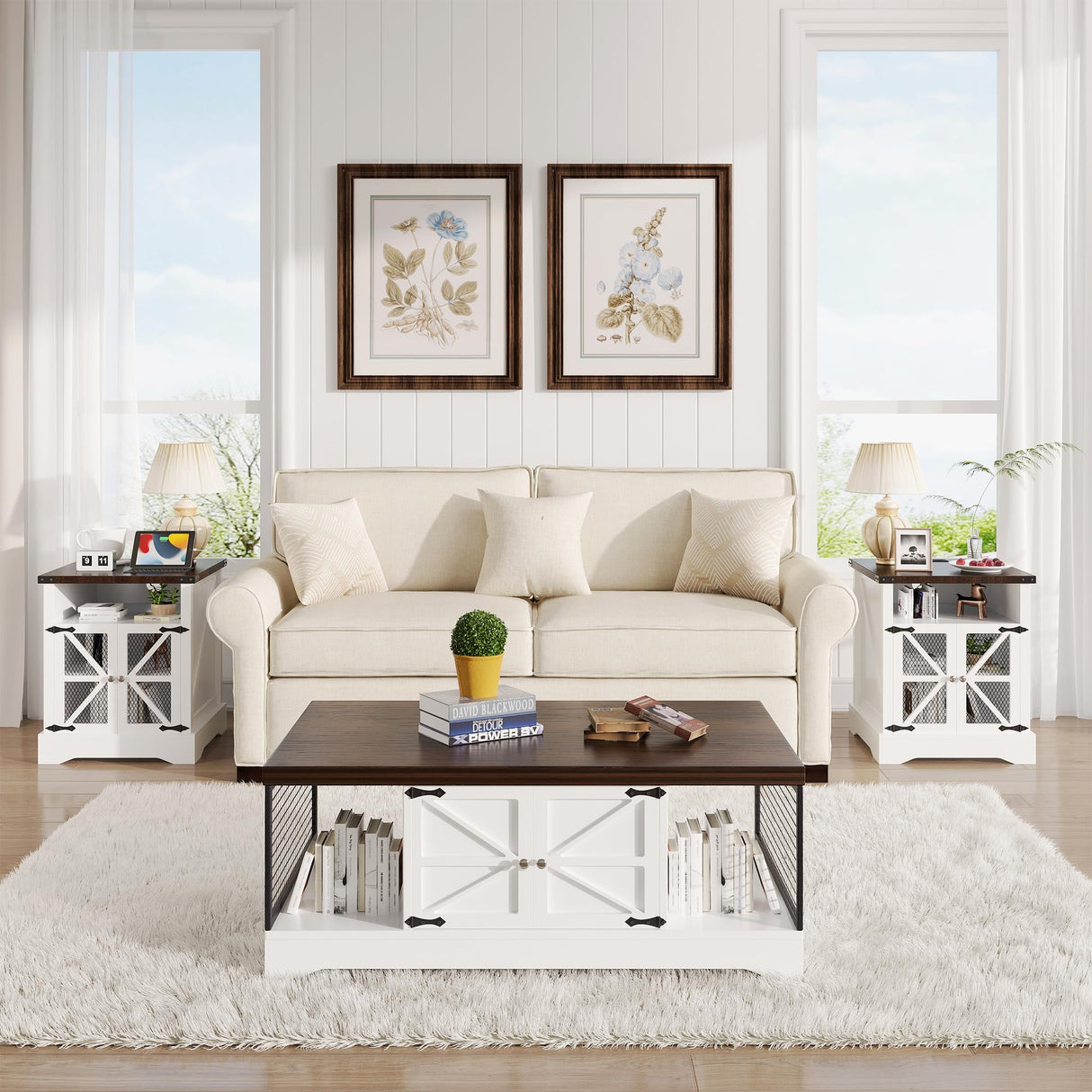 End Table Living Room with Charging Station, Farmhouse Sofa Side Table with Adjustable Shelf