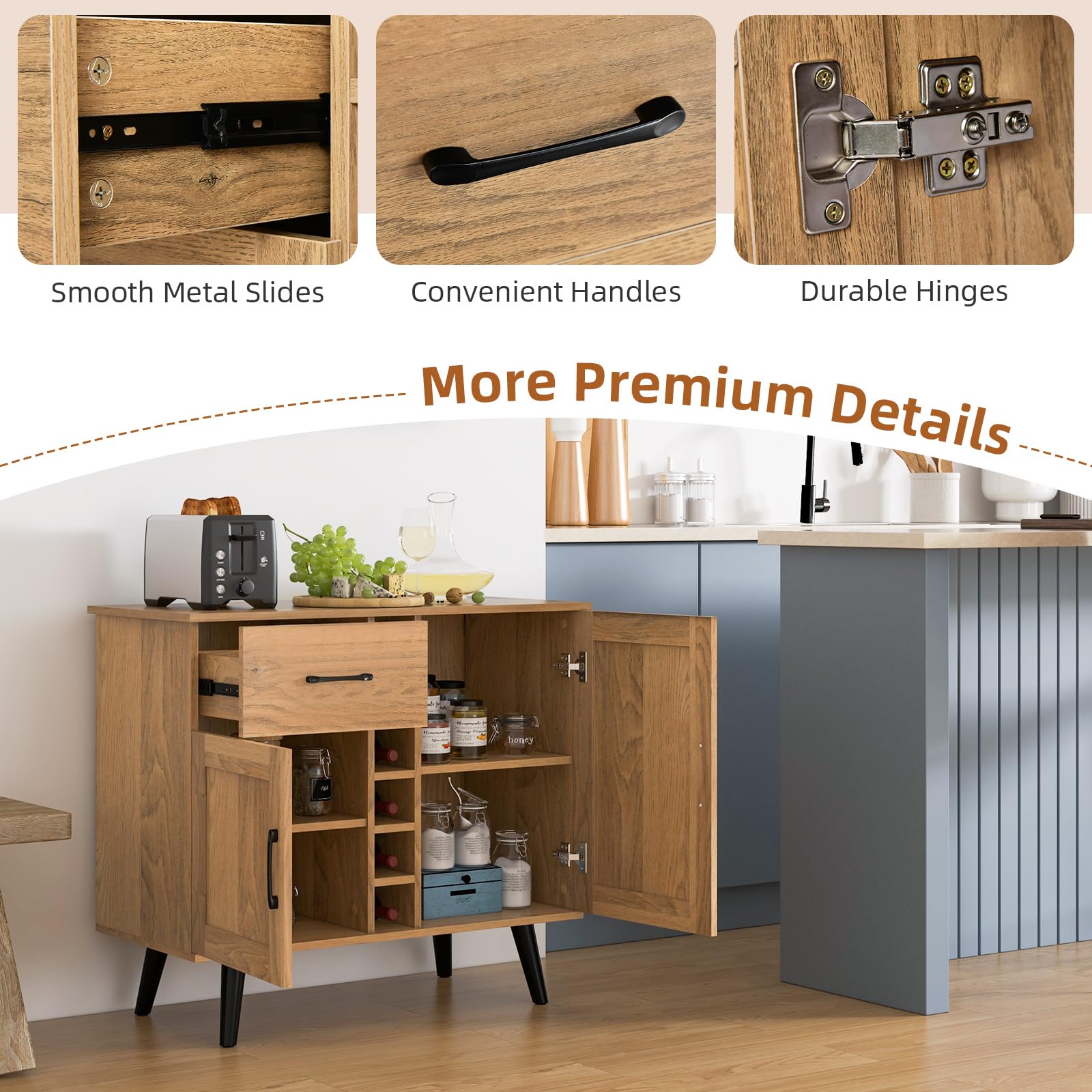 Buffet Cabinet with Storage, Liquor Cabinet with 6-Bottle Wine Rack